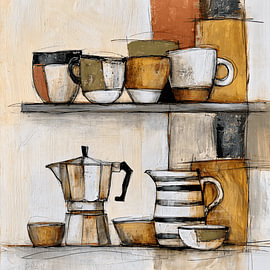 Coffee still life with an espresso maker and cups by Wolkenlos