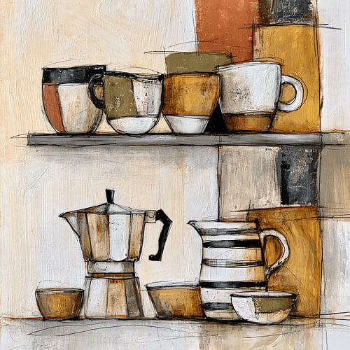 Coffee still life with an espresso maker and cups