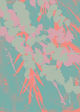 Abstract botanisch. Bloemen in mint, roze, koraal op lichtblauw van Dina Dankers