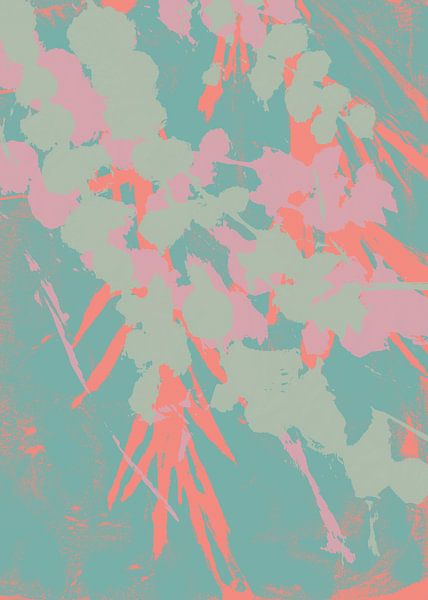 Abstrait botanique. Fleurs de couleur menthe, rose, corail sur fond bleu clair. par Dina Dankers