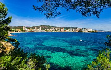 Mening van de kustlijn bij toeristenoord Magaluf strand op Mallorca, de Balearen van Spanje van Alex Winter