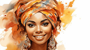 Porträt einer afrikanischen Frau mit lächelndem Aquarell-Kunstdesign und buntem Kopftuch