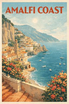 Amalfi Coast Vintage Travel Poster – Italian Riviera Wall Art – Retro Mediterranean Print