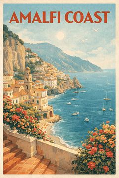 Amalfi Coast Vintage Travel Poster – Italian Riviera Wall Art – Retro Mediterranean Print by Selo Garing