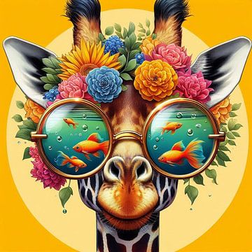Giraf sees fish and flowers van CanvasbyCaro