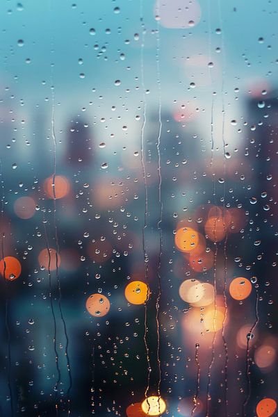 Regendruppels op glas - Mystieke stadslichten van Poster Art Shop