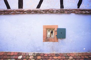 Bijzondere paarsblauwe gevel in de Elzas (Frankrijk) met raam en dakpannen van Birgitte Bergman