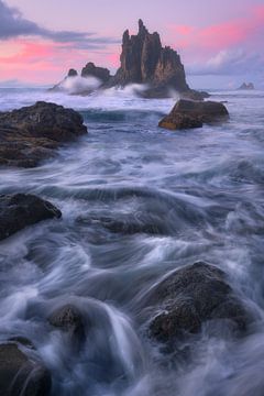 Beautiful sunset with pink pastel colours at Playa de Benijo in Tenerife.