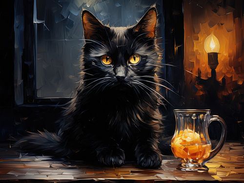 Black cat in warm candlelight