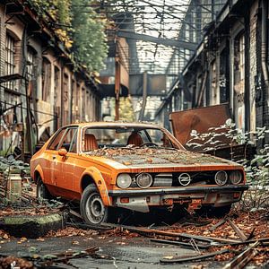 Lost Place Opel Manta orange rouillée oubliée dans un hall industriel