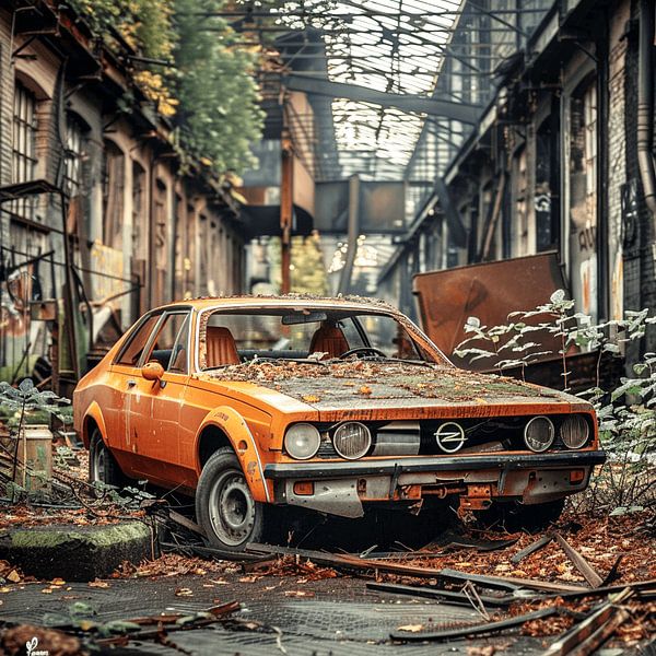 Lost Place Opel Manta orange rouillée oubliée dans un hall industriel par gm_designs