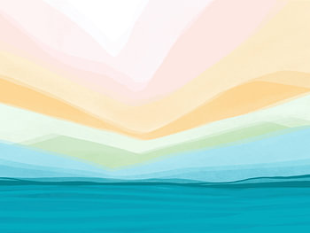 Turqoise landschap met zee in pasteltinten