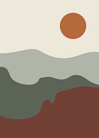 Minimalistische abstrakte Landschaft mit einer Sonne im Boho-Stil aus Terrakotta von Wisnu Xiao