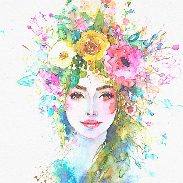 Romantisch Portret van een Vrouw met bloemen in pasteltinten. van Studio Pieternel