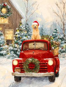 Festliche Weihnachtsillustration mit rotem Lastwagen, Hund und Winterlandschaft