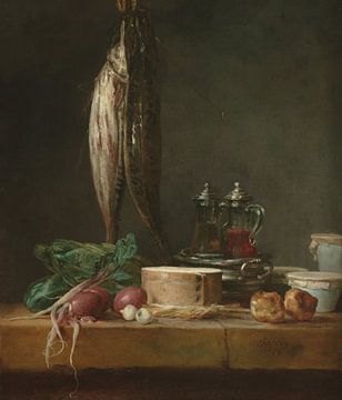Stilleven met vis, groenten, gougères, potten en Cruets op een tafel, Jean-Siméon Chardin