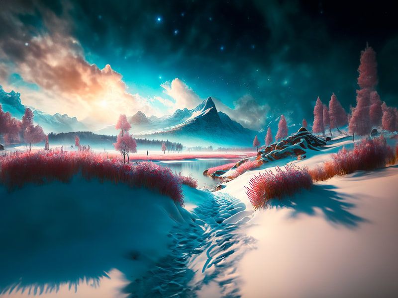 Winter landscape with sunset and stars by Mustafa Kurnaz