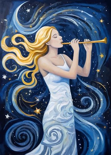 Vrouw speelt fluit onder sterrenhemel