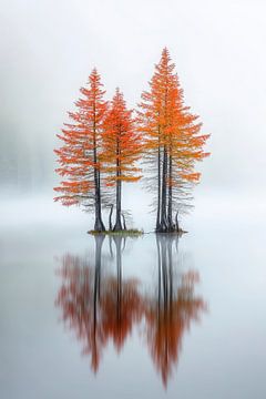 Herfstgroep van bomen in de mist van Poster Art Shop