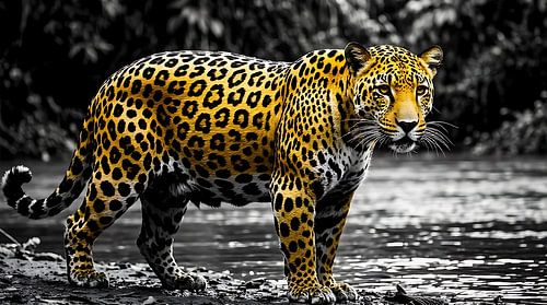 Krachtige jaguar op de oever – Wanddecoratie