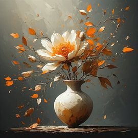 A still life featuring a terracotta vase with an orange flower. by J.a Dijkstra