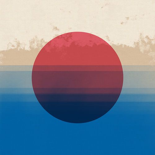Minimalistische abstracte zon en lucht in gedempte tinten. Rood, blauw, beige, wit