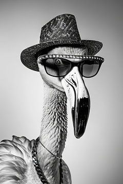 Stijlvolle flamingo met hoed en zonnebril in zwart en wit van Poster Art Shop