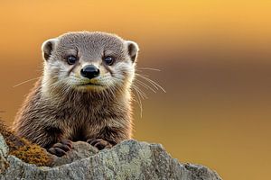 Niedlicher Otter, der über einen Felsen gegen einen unscharfen Hintergrund guckt