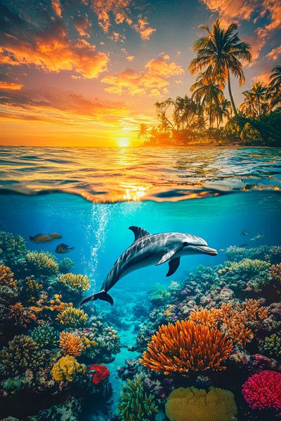 Delfin unter Wasser bei Sonnenuntergang von Poster Art Shop