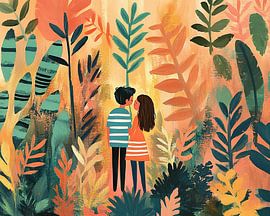 Merry Couple with Green Leaves by Eye catching paintings