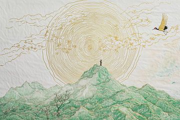Green mountains with gold circles in classic ink style by Digitale Schilderijen