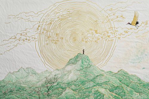 Groene bergen met gouden cirkels in klassieke inktstijl