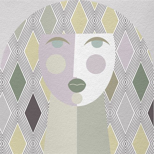 Abstract geometrisch vrouwenportret in retro pastel roze, beige, groen, wit.