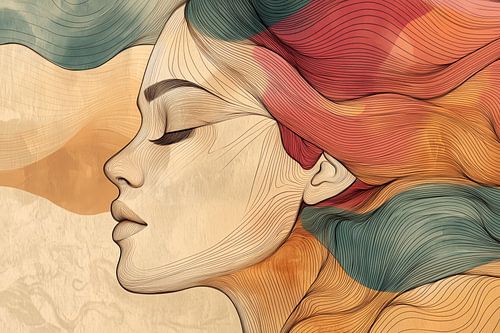 Vrouw Dromend in Zachte Aardetinten en Elegante Lijnen