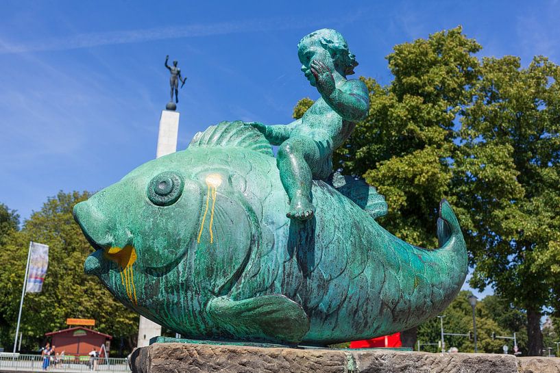Fish figure and torchbearer column at the Maschsee, Hanover, Lower Saxony, Germany, Europe by Torsten Krüger
