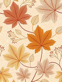 Herbst's Embrace: Ein nahtloses Muster aus goldenen und gebrannten orangefarbenen Ahornblättern und Beeren auf einem weichen elfenbeinfarbenen Hintergrund von Artistic