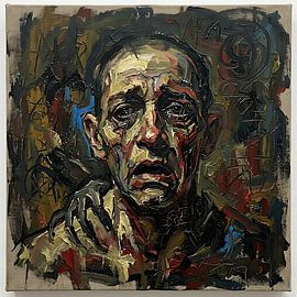 Authentiek neo-expressionistisch, grotesk portret, olieverf op doek, kunstwerk van Aden Pink Studio