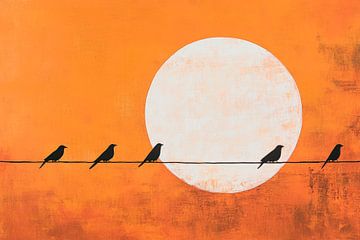 Vogels aan de lijn tegen zonsondergang van Poster Art Shop