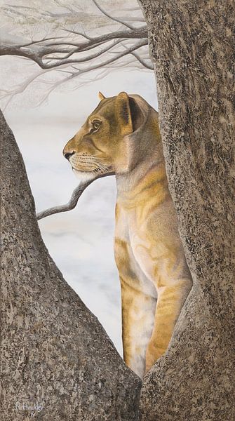 Leeuw in een boom schilderij van Russell Hinckley
