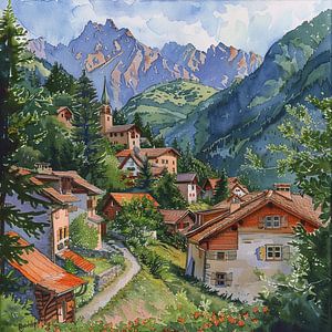 Alpendorf Berge Häuser Wald Landschaft Aquarell Natur Idylle