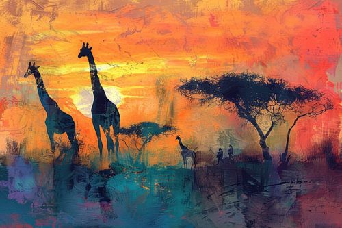 Giraffen Savanne Silhouet bij Kleurrijke Zonsondergang