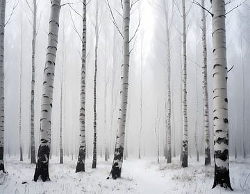 Winter's omarming: Een berkenbos in de sneeuw van Artistic