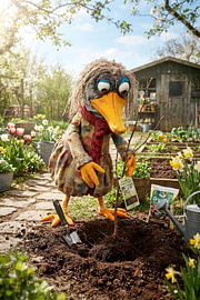 A rubber duck plants a tree in the garden