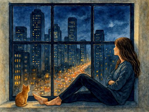 Samen naar lichtjes stad kijken (AI) (raam, knus, kat, kitten, donker, aquarel schilderij, nacht, avond, vensterbank, relaxen, zen, warmte, thuisgevoel)