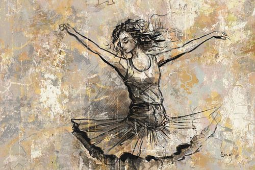 Danseres in een omgeving van goudgeel en grijs