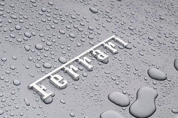 Ferrari embleem op een Ferrari Californië met regendruppels