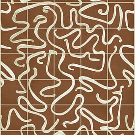 Modern en abstracte lijnen op een tegelpatroon, bruin - wit van Mijke Konijn