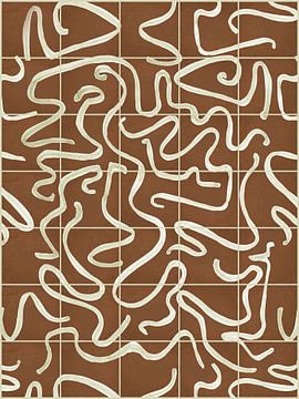 Modern en abstracte lijnen op een tegelpatroon, bruin - wit van Mijke Konijn