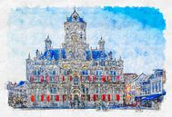 Stadhuis van Delft (aquarel) van Art by Jeronimo thumbnail