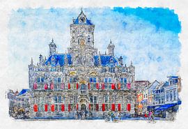 Town hall of Delft (watercolour)